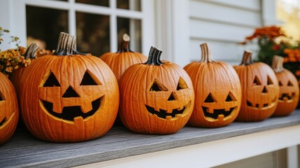 Carved pumpkins lined up on a window sill, ready for Halloween festivities.  Autumnal decoration.