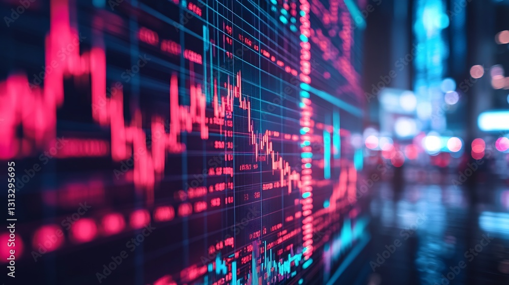 Poster Dynamic financial chart displaying stock market trends with vibrant neon colors and data points in focus : Generative AI