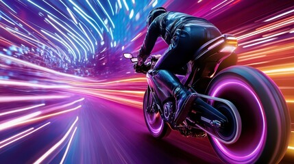 Night City Motorcycle Speed Vibrant Neon Lights and Motion Blur