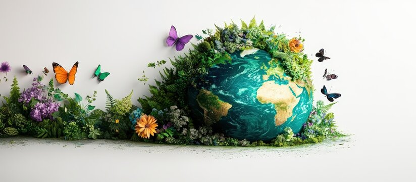 A vibrant globe surrounded by lush greenery and colorful butterflies, symbolizing nature and environmental awareness.,Earth day concept, World environment day, protect planet - Powered by Adobe