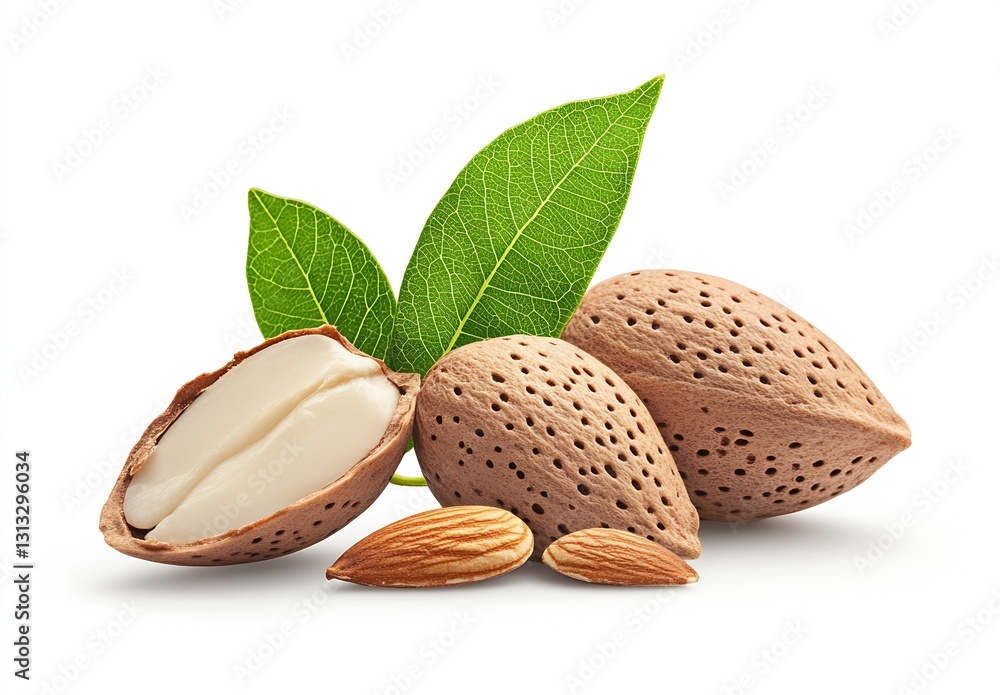 Poster Natural almonds displayed with a few opened shells and fresh green leaves on white background : Generative AI