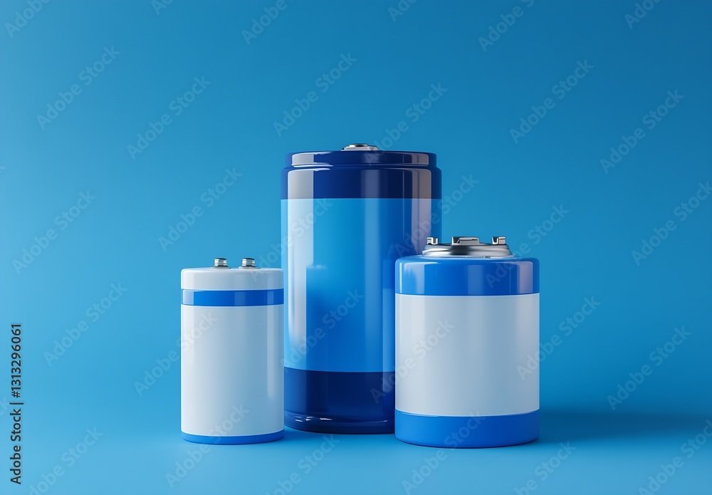 Poster three blue and white batteries in varying sizes arranged on a bright blue background for product dis
