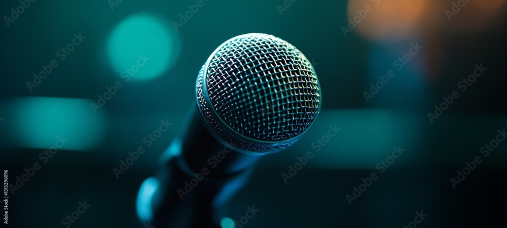 Poster Professional microphone on stage illuminated by soft lighting ready for a captivating performance or speech : Generative AI