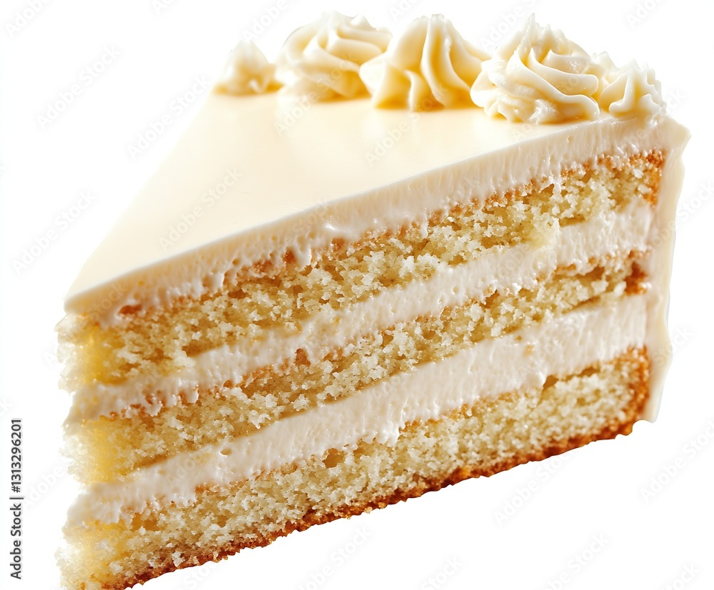 Poster classic slice of decadent vanilla cake featuring a creamy topping and perfect layers of soft sponge 