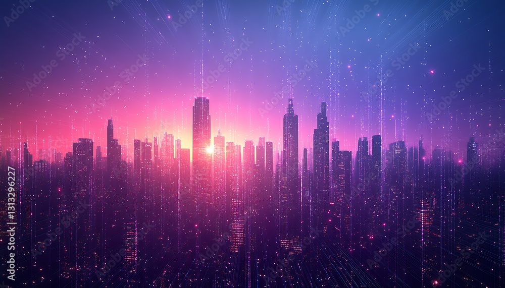 Aufkleber vibrant city skyline at sunset illuminated with colorful lights creating a futuristic vibe : generat