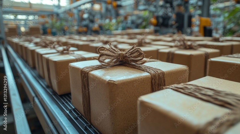 Poster packed cardboard boxes tied with twine on a conveyor belt in a busy warehouse setting