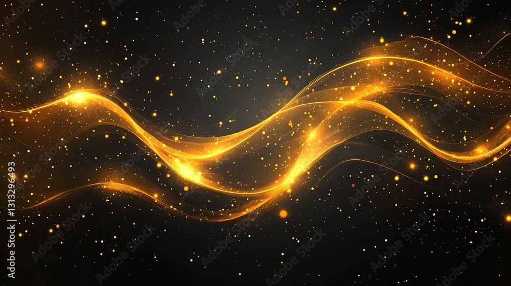 Poster Glittering waves of golden light dynamically flowing across a dark cosmic backdrop creating a stunning visual effect : Generative AI