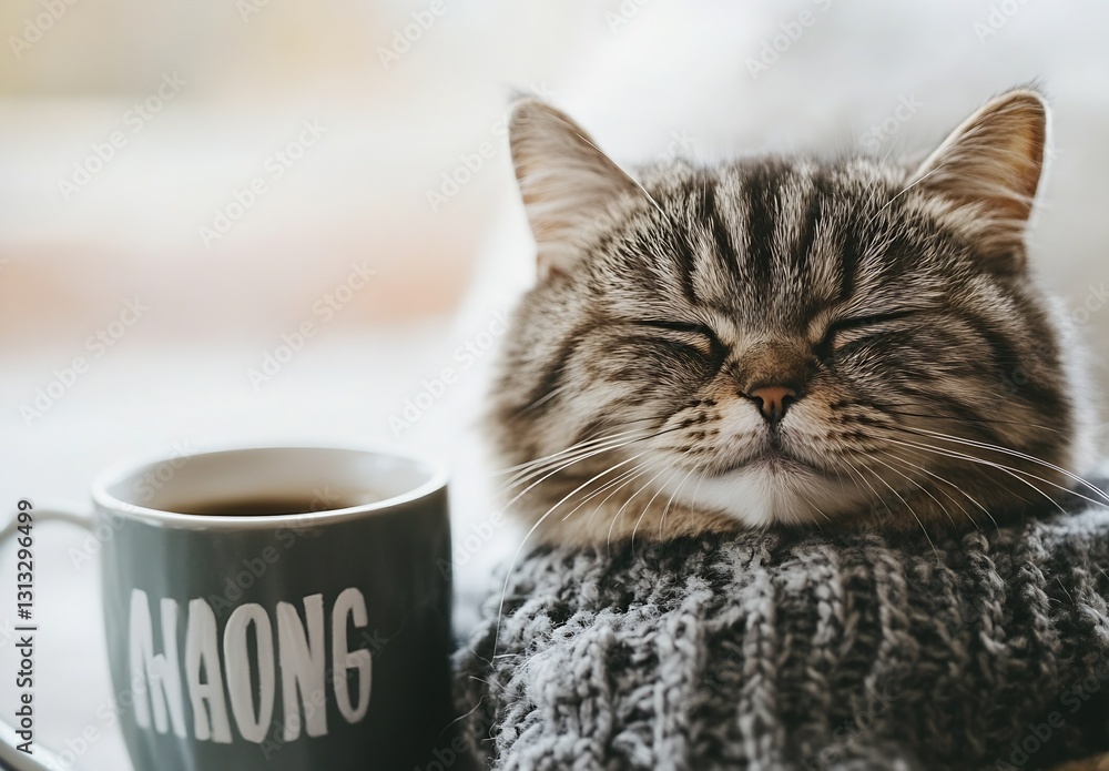 Poster sleepy tabby cat peacefully resting with a coffee cup in a cozy setting : generative ai