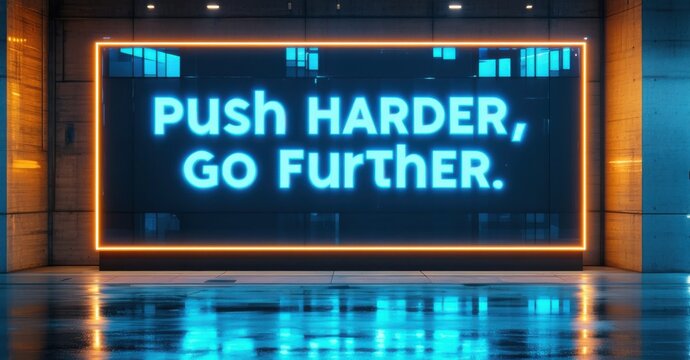 Glowing led billboard push harder go electric cyan bold orange standing inside advanced recovery sports therapy center