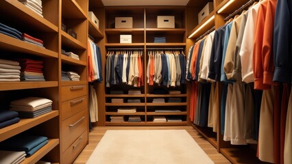Obraz premium Open closet with organized clothes, An organized walk-in closet with vibrant clothes neat stacks aligned hangers soft lighting and wooden shelves