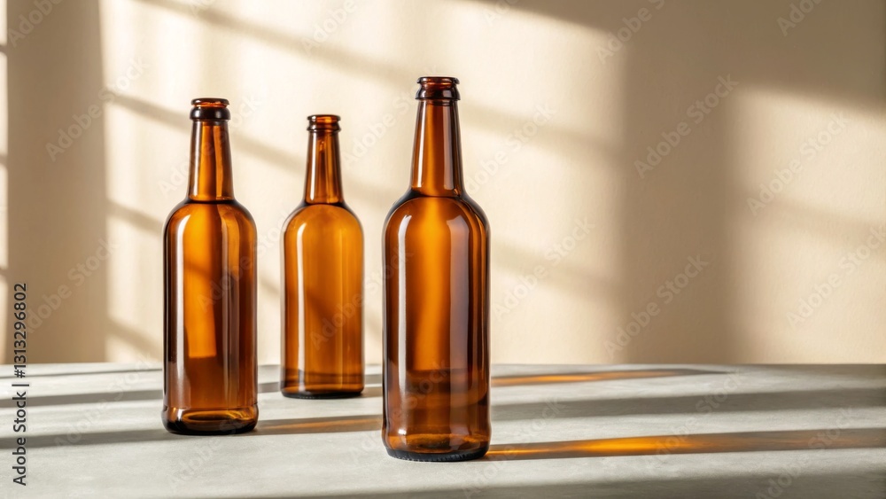 Poster minimalist skincare branding three amber bottles on a surface with soft shadow lines in the backgrou