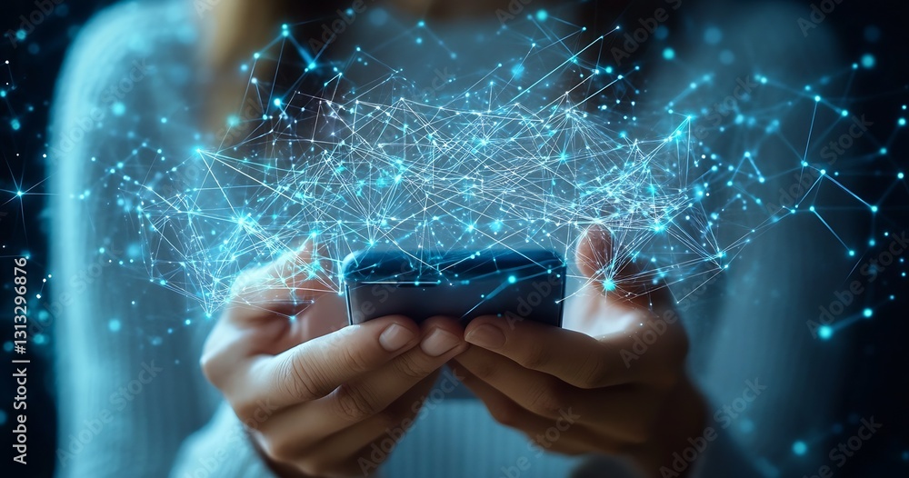 Aufkleber Person using smartphone with digital effects representing connectivity and technology advancements : Generative AI
