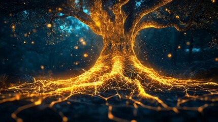A digital tree life with glowing intricate roots branching out across a tech world