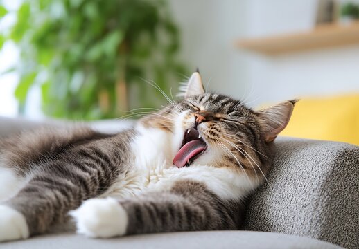 Relaxed Tabby Cat Yawning Comfortably on a Couch Surrounded by Warm Greenery : Generative AI