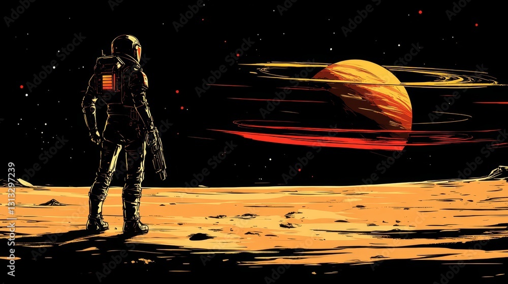Poster pixelated astronaut silhouette on lunar surface observing a distant planet in a retro futuristic spa