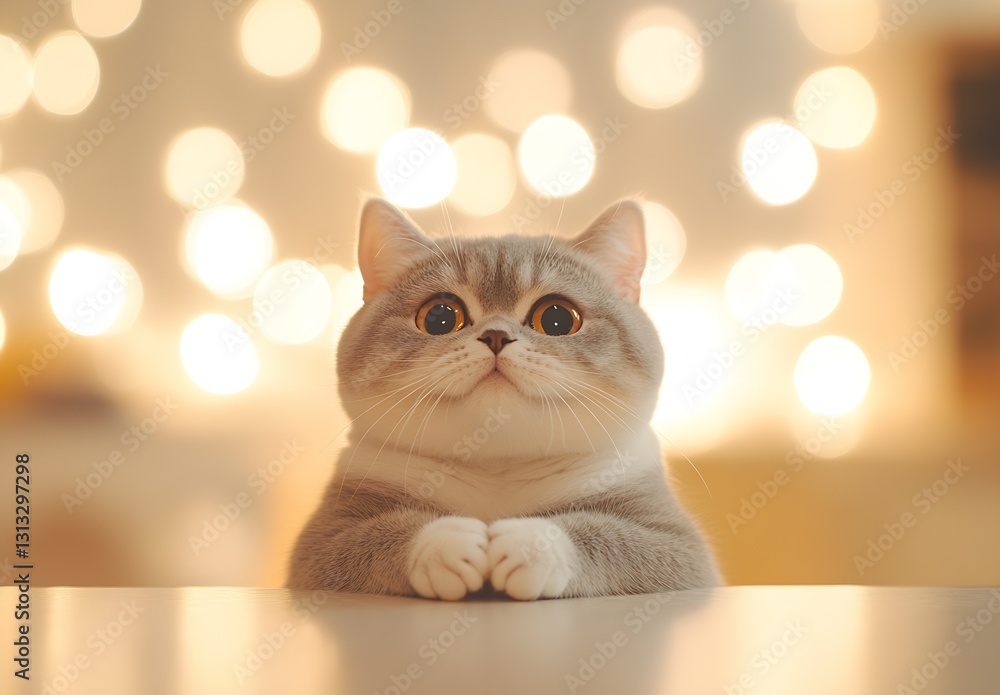 Poster Charming fluffy cat with large amber eyes looking curiously while resting on a table against a backdrop of soft bokeh lights : Generative AI