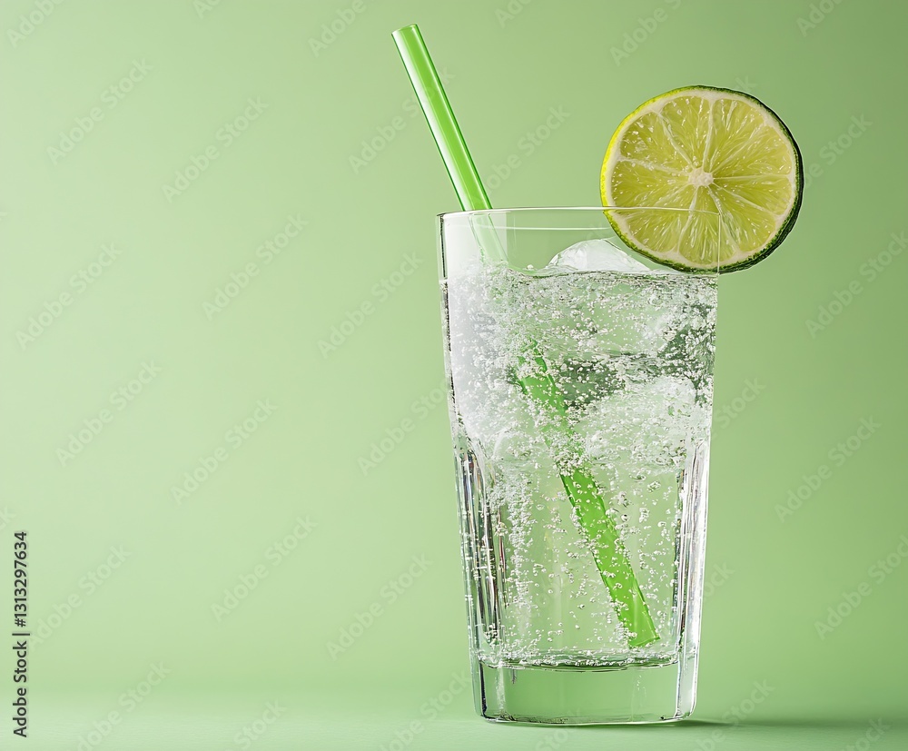 Poster Sparkling lime soda served in a tall glass with a green straw and fresh lime slice : Generative AI