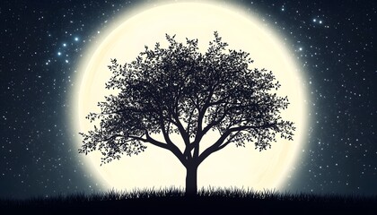 Silhouetted tree stands before a bright full moon and starry night