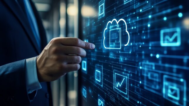 A business professional interacts with a digital cloud interface, showcasing data analytics and technology concepts in a futuristic setting.