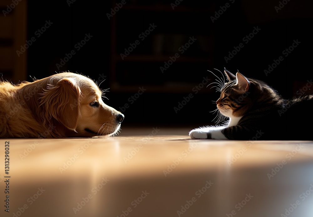 Poster Golden Retriever and Tabby Cat Having a Face to Face Encounter on a Sunlit Floor : Generative AI