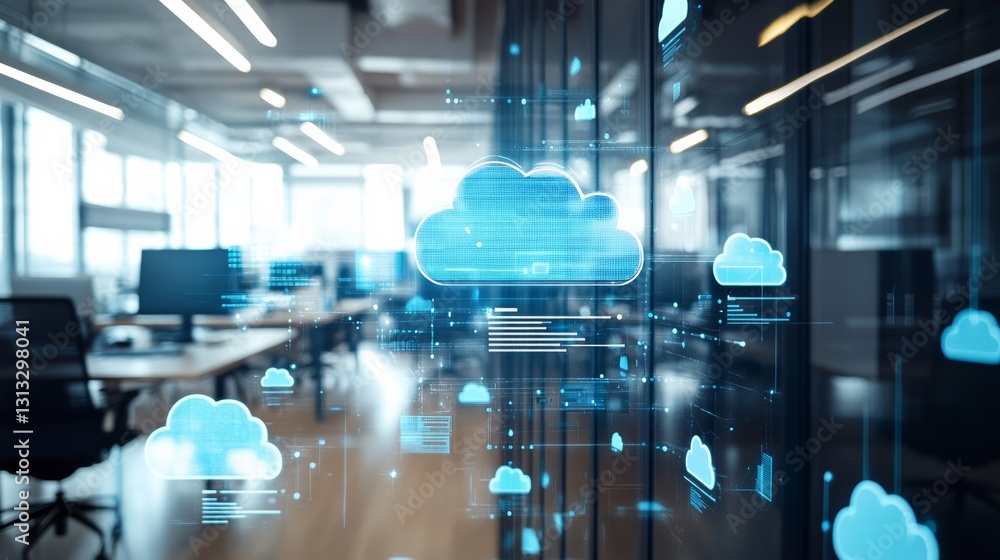 Poster a modern office with digital cloud technology visualizations, showcasing a blend of workspace and in