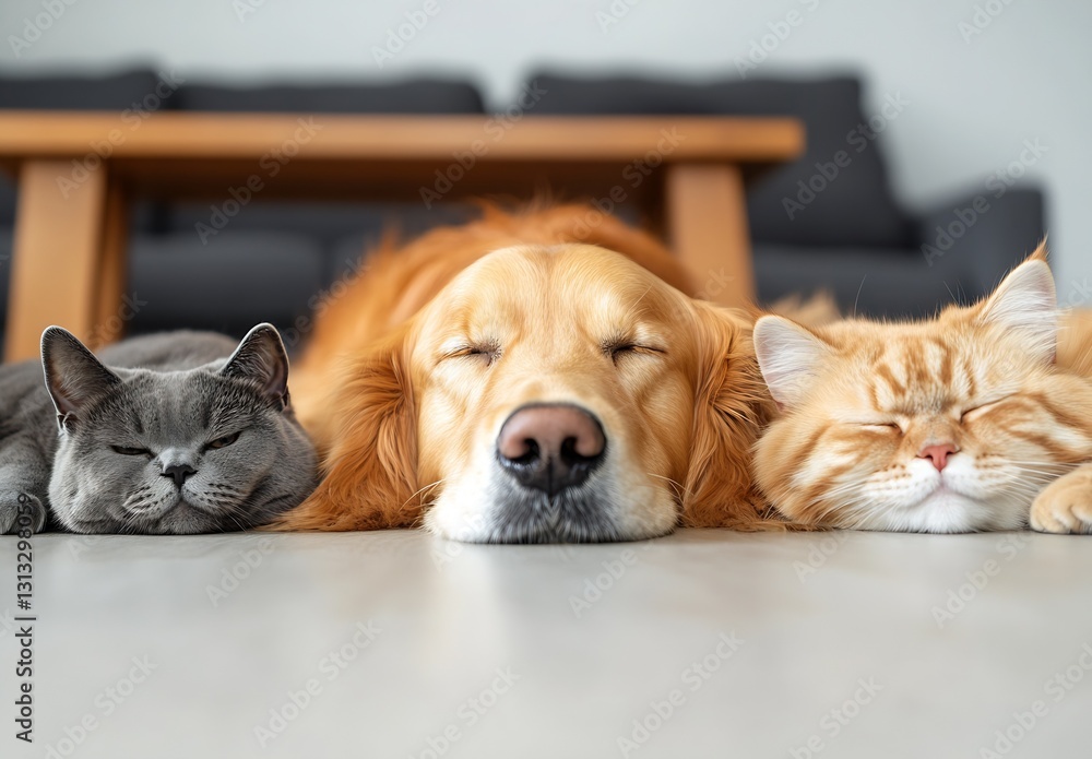 Poster charming golden retriever sleeping alongside a gray cat and a ginger cat on a light floor in a styli