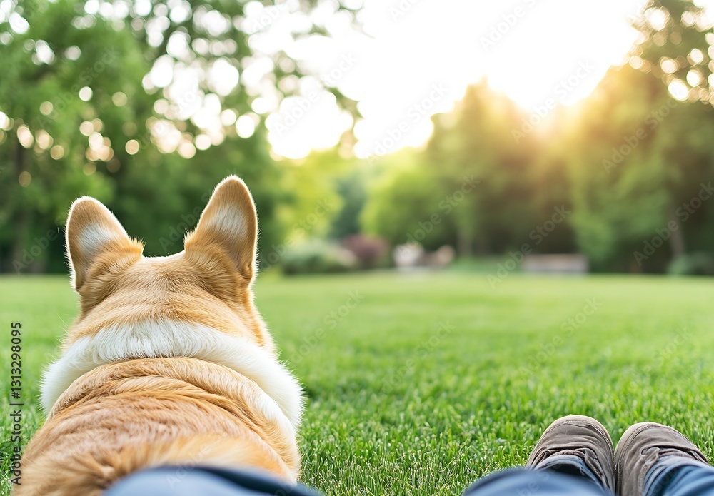 Aufkleber corgi relaxing on grass under the fading sunlight creating a serene and peaceful landscape : generat