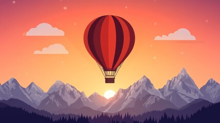 Fototapeta premium Pixelated hot air balloon soaring over mountain landscape at vivid sunset colorful sky dreamlike world vector illustration concept