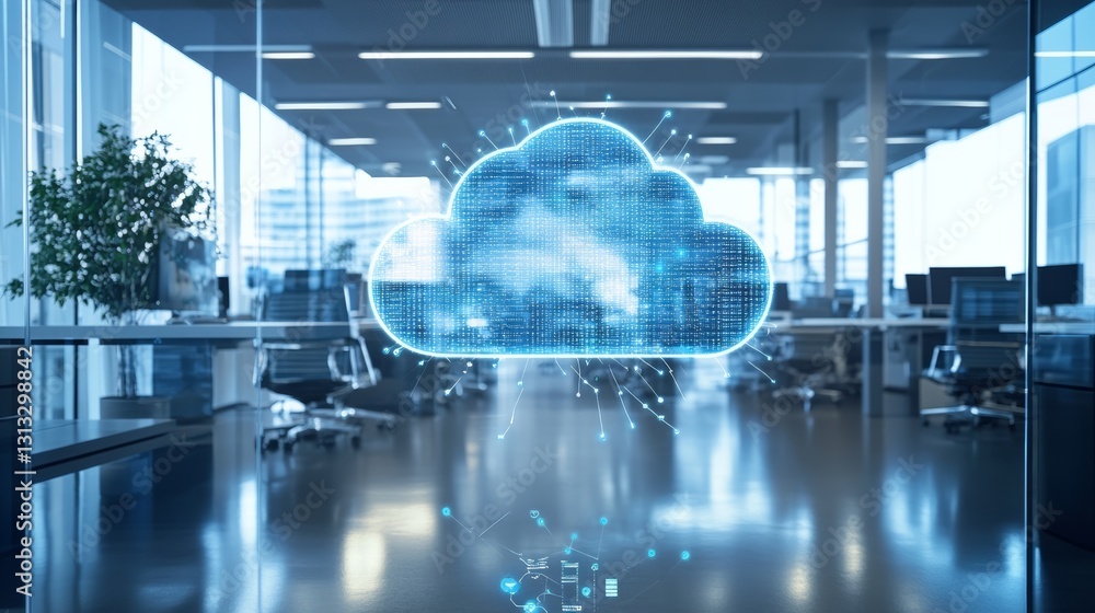 Poster a modern office space with a digital cloud overlay, symbolizing cloud computing and technology integ