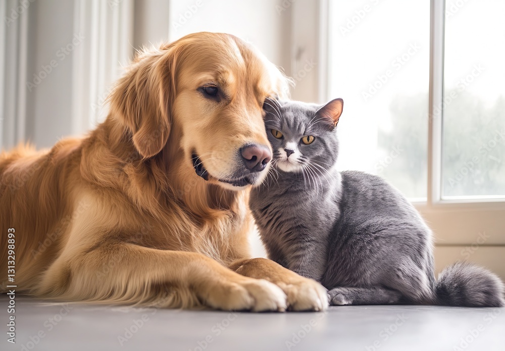 Poster adventurous companionship between a golden retriever and a gray cat snuggling together comfortably :