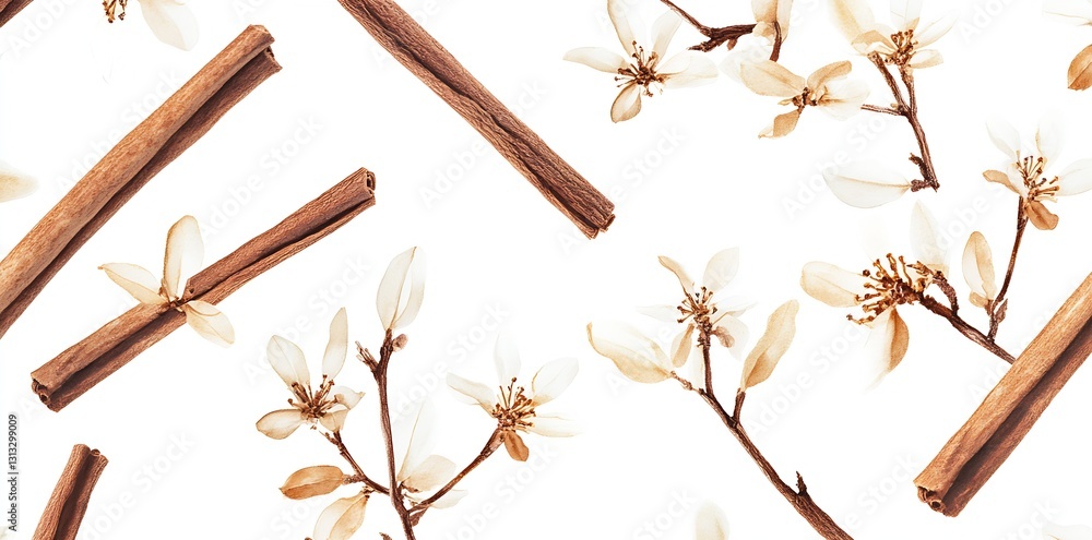 Poster cinnamon sticks and delicate white flowers artfully placed on a bright surface creating a cozy aesth