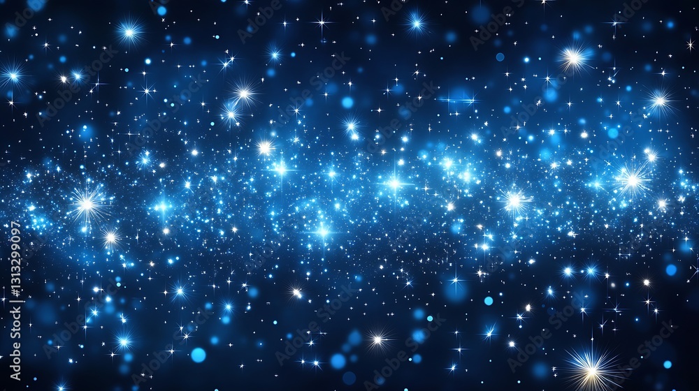 Poster vibrant cosmic background filled with sparkling stars and bright light particles in a deep blue sky 