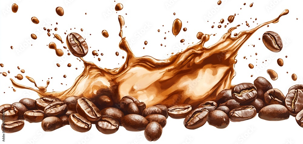 Poster Dynamic splash of coffee and coffee beans creating an energetic and rich visual with vibrant color contrast : Generative AI