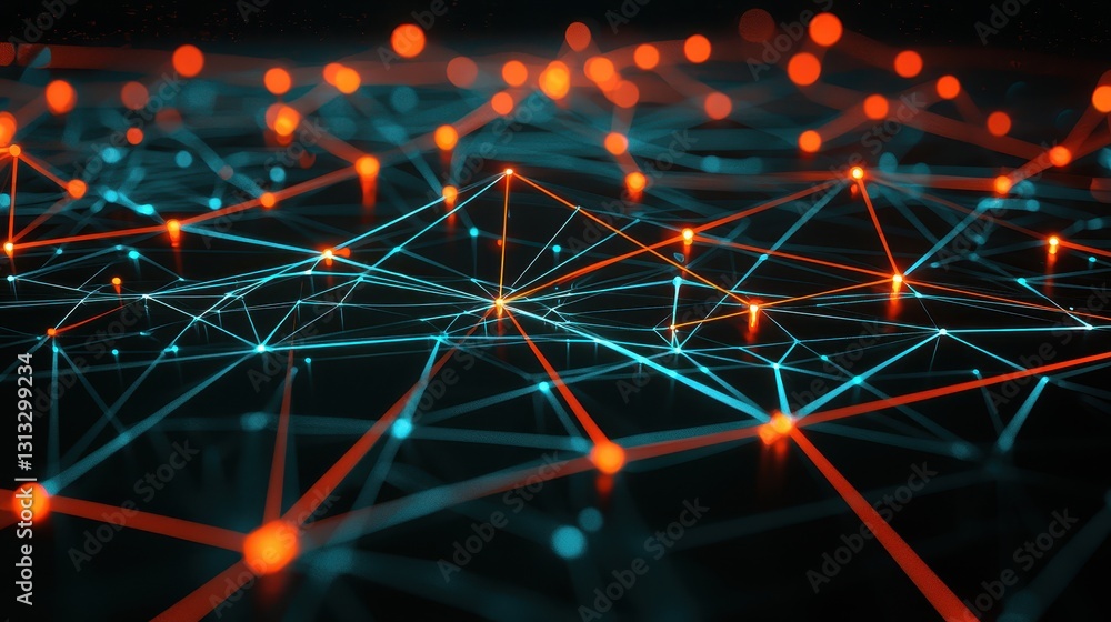 Poster abstract network of colorful lines and dots in dark background