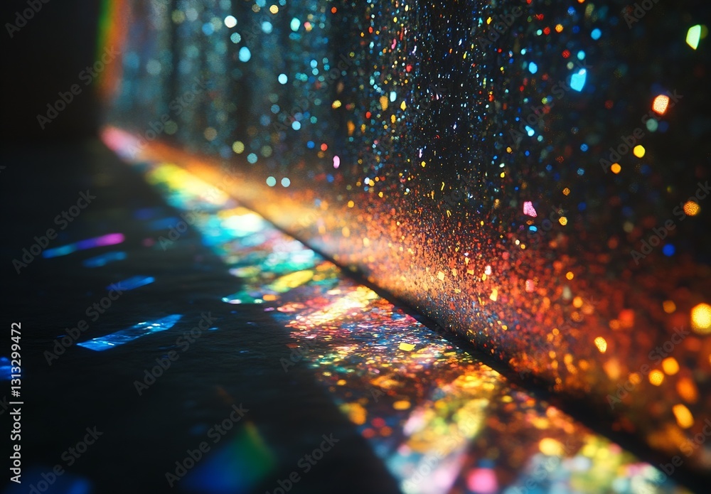 Poster glittering particles reflecting vibrant colors on a textured surface for artistic effect : generativ
