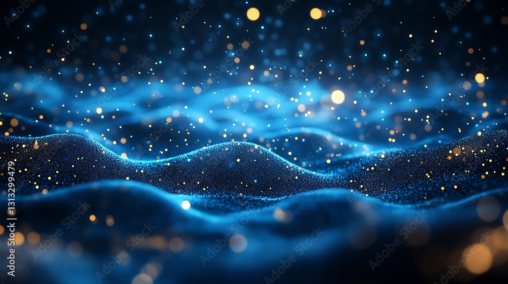 Poster Stunning Blue Waves of Light Capturing Sparkling Particles in a Dreamy Abstract Scene : Generative AI