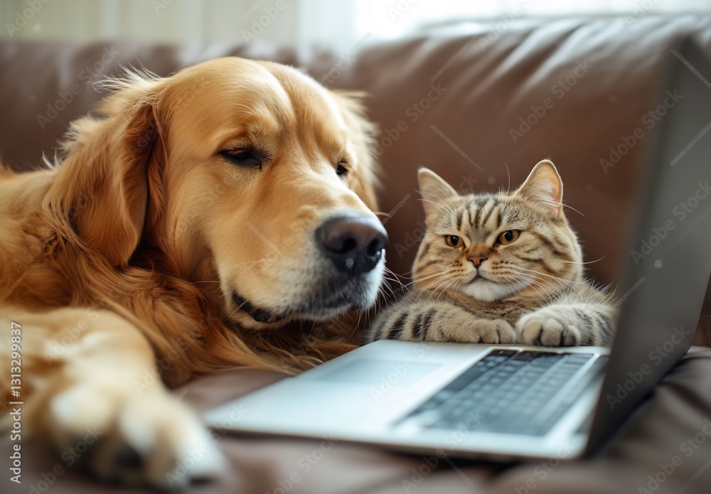 Poster Golden retriever and tabby cat focused on a laptop while relaxing on a couch : Generative AI