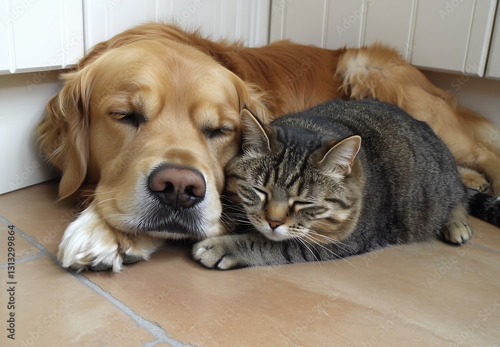 Poster Golden retriever and tabby cat cuddling together on tiled floor in relaxed atmosphere : Generative AI