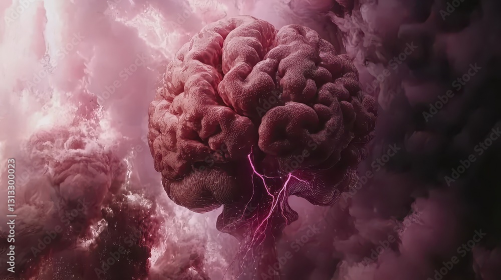 Poster surreal brain concept with lightning and cosmic background