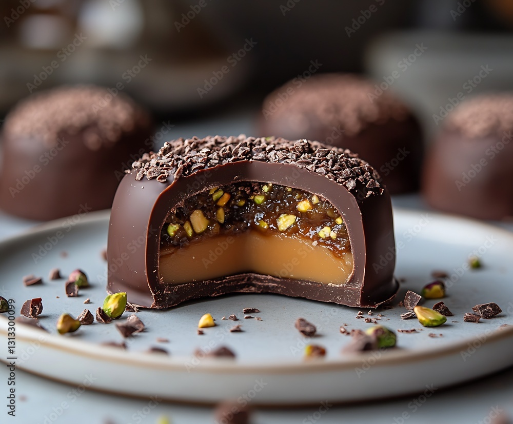 Poster decadent chocolate treat filled with caramel and nuts on a plate : generative ai
