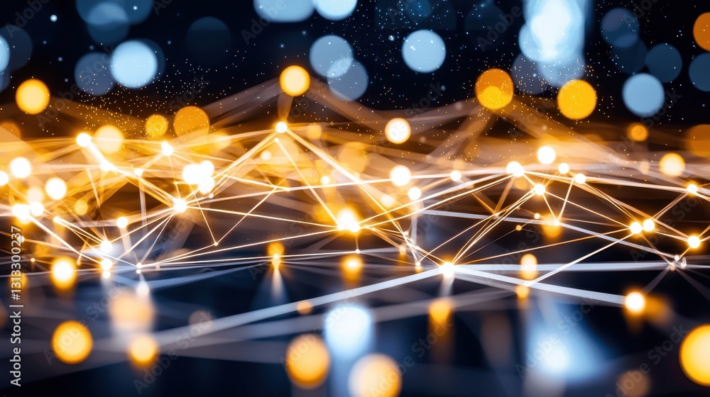 Poster abstract network connection with bright lights and glowing particles