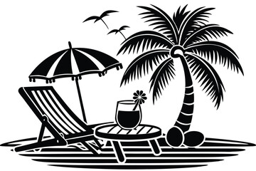 Silhouette of palm trees beach chairs and umbrella on a tropical island