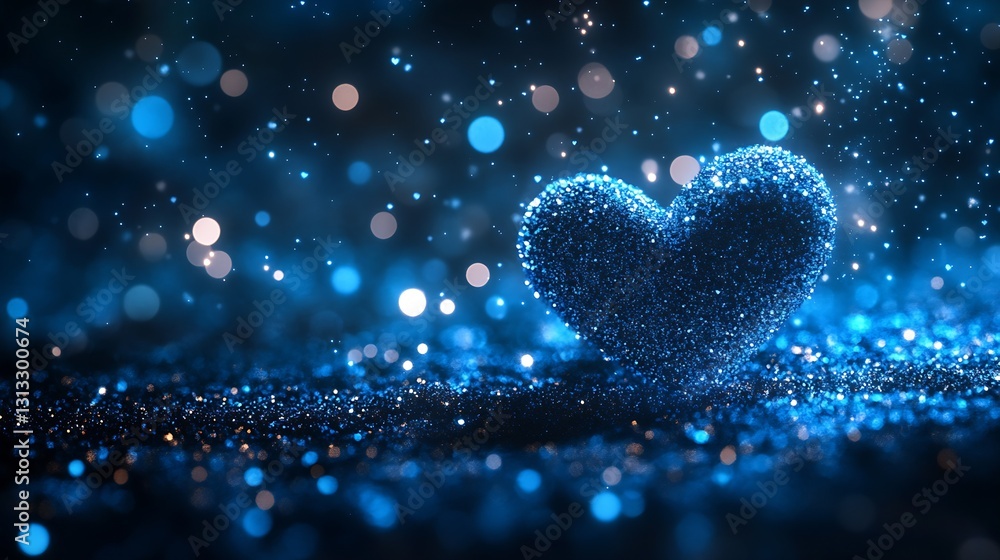 Poster beautiful blue glitter heart surrounded by a dreamy bokeh background creating a romantic and enchant