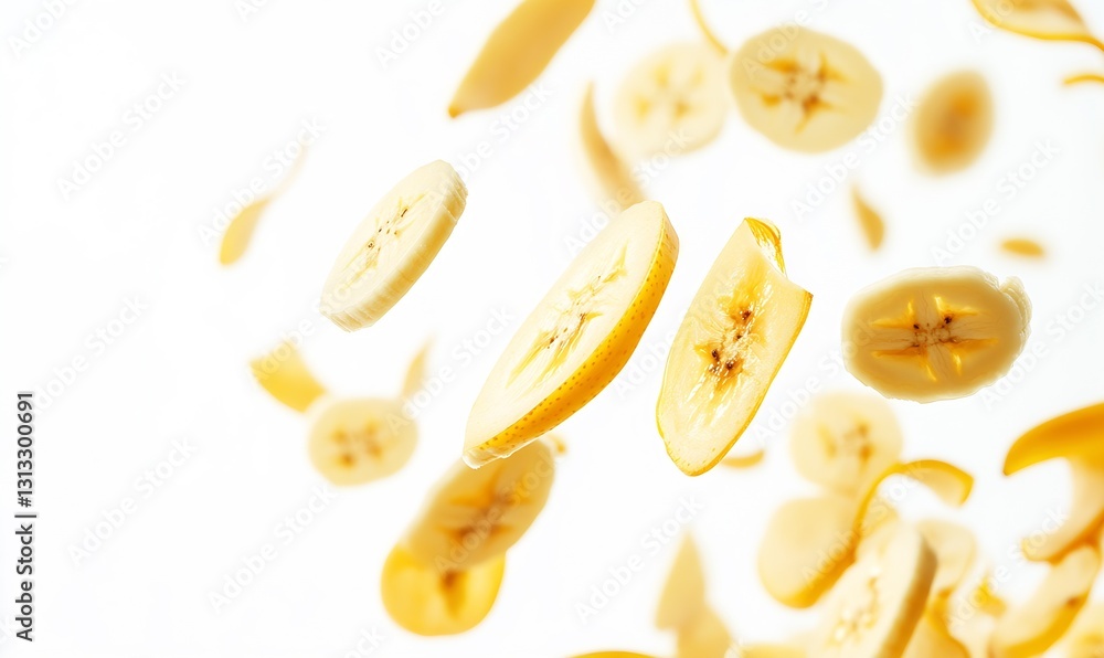 Poster Vibrant Fresh Banana Slices in Motion Creating an Appealing Visual Display on a Light Background : Generative AI