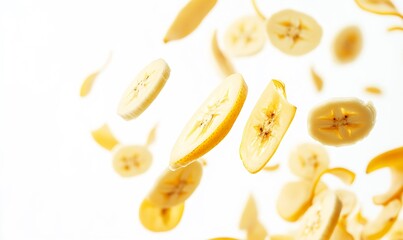 Vibrant Fresh Banana Slices in Motion Creating an Appealing Visual Display on a Light Background : Generative AI