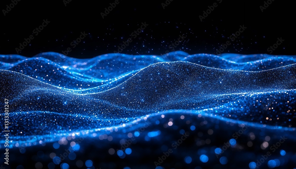 Aufkleber Vibrant Blue Waves Reflecting Light and Sparkling Particles in an Abstract Dreamlike Scene : Generative AI