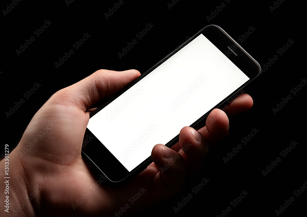 Aufkleber person holding a smartphone with a blank screen in a dark setting : generative ai