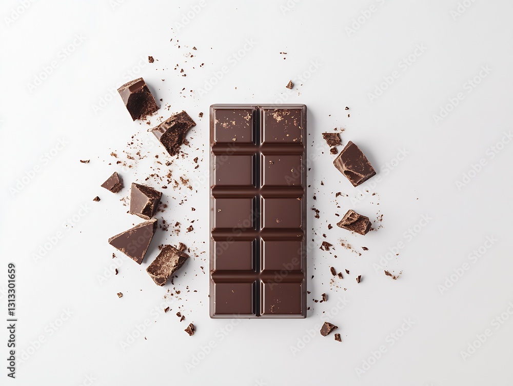 Poster rich dark chocolate bar broken into pieces with crumbs on a white background for dessert lovers : ge
