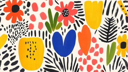Vibrant floral garden seamless pattern background with abstract shapes offering an expressive contemporary botanical design