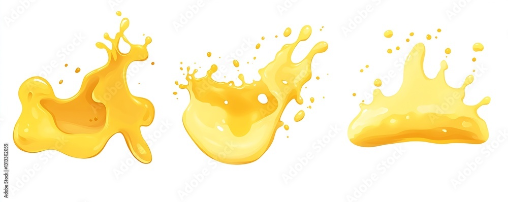 Poster three abstract cartoonish splashes of yellow liquid with a smooth texture creating an artistic compo